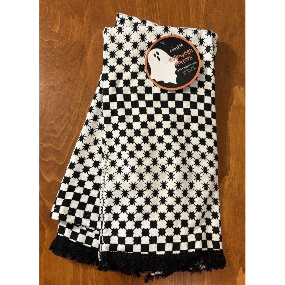 ColorDrift Halloween Spiders Kitchen Towels Black White 18x28 Cotton 2pk NWT